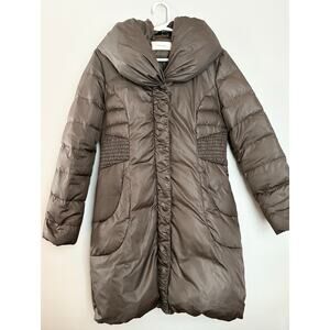 Tahari Coat Womens S Duck Down Long Zip Front Chocolate Brown Puffer Hooded